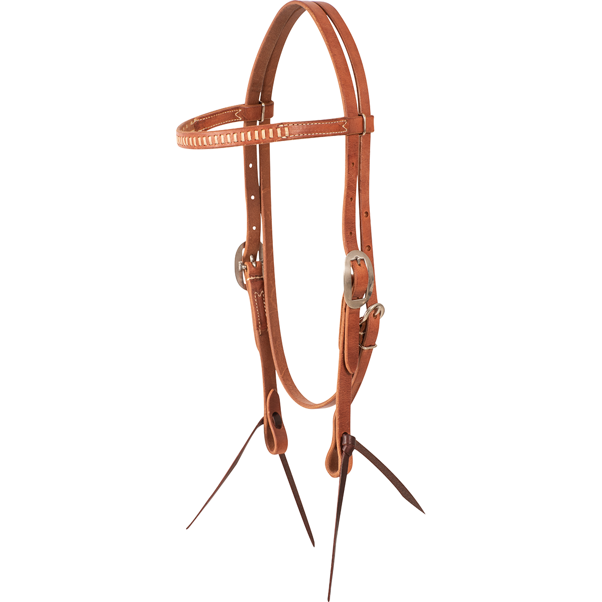 Natural browband headstall with rawhide lacing, seen from the front quarter. Light rawhide lacing runs along the browband of the 5/8-inch harness leather headstall, which ends in dark bit ties.