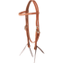 Natural browband headstall with rawhide lacing, seen from the front quarter. Light rawhide lacing runs along the browband of the 5/8-inch harness leather headstall, which ends in dark bit ties.