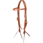 Natural browband headstall with rawhide lacing, seen from the front quarter. Light rawhide lacing runs along the browband of the 5/8-inch harness leather headstall, which ends in dark bit ties.
