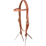 Natural browband headstall with rawhide lacing, seen from the front quarter. Light rawhide lacing runs along the browband of the 5/8-inch harness leather headstall, which ends in dark bit ties.