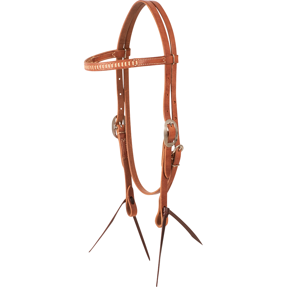 Natural browband headstall with rawhide lacing, seen from the front quarter. Light rawhide lacing runs along the browband of the 5/8-inch harness leather headstall, which ends in dark bit ties.