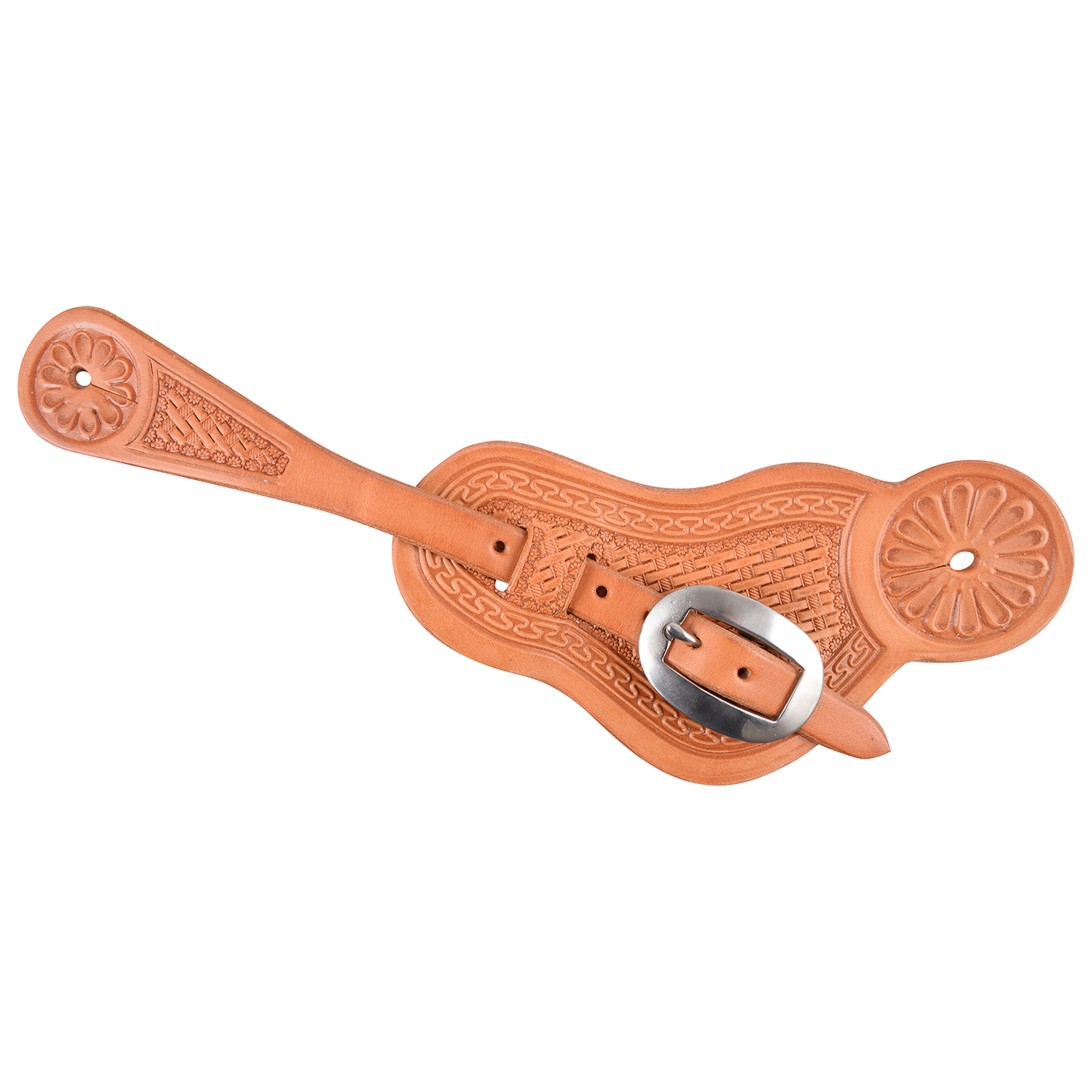 Natural buckaroo spur strap with San Carlos and basket tooling, seen from above. The light leather has flower stamped ends and a stainless steel buckle.