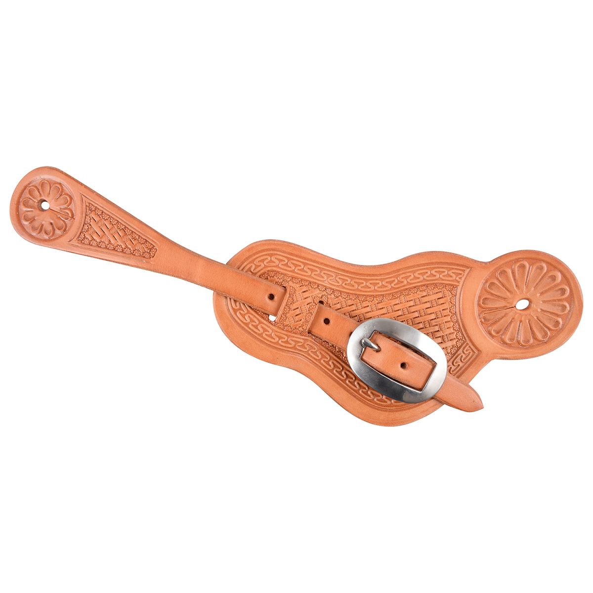 Natural buckaroo spur strap with San Carlos and basket tooling, seen from above. The light leather has flower stamped ends and a stainless steel buckle.