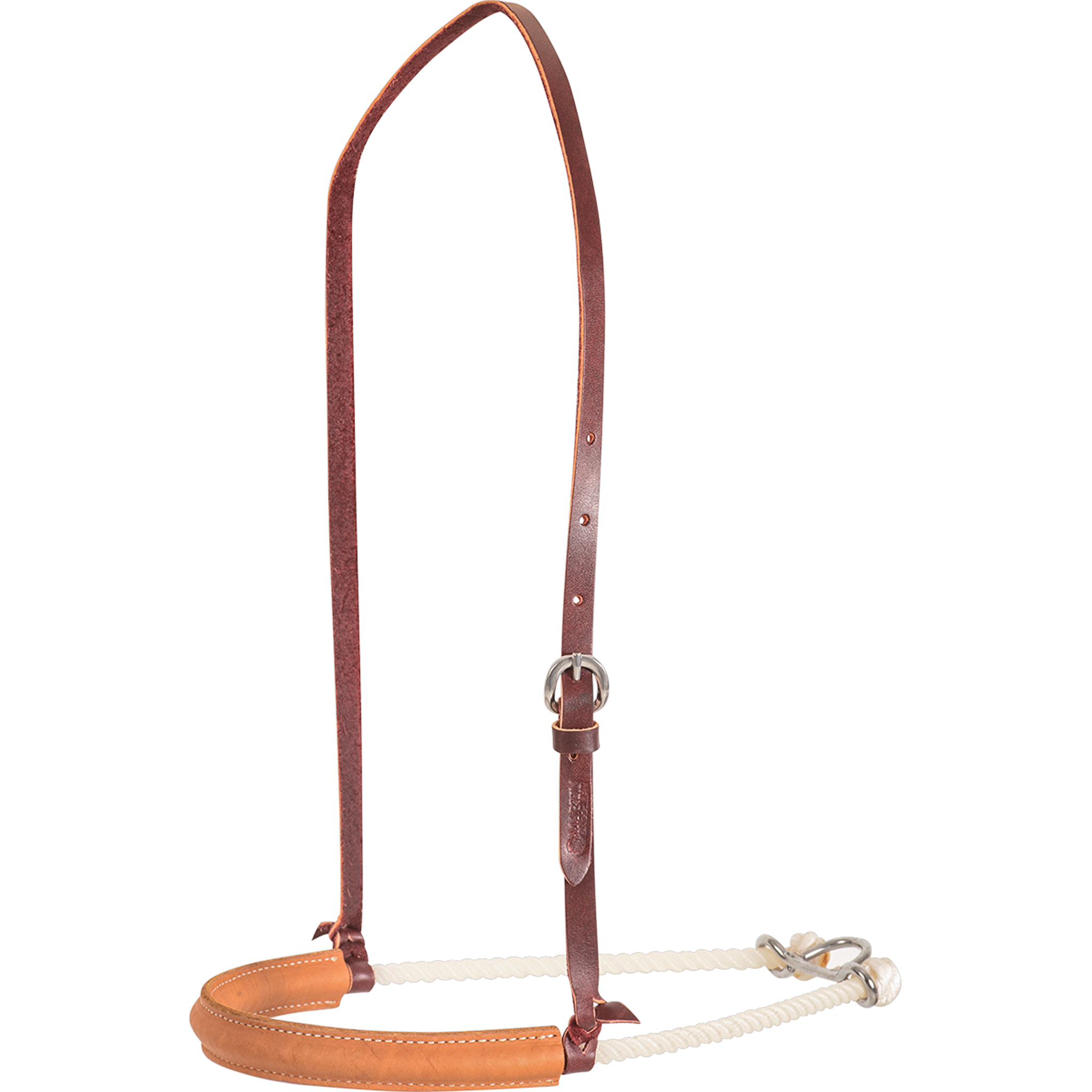 Single rope noseband with a tan chap leather cover from Martin Saddlery, seen from the front quarter. The stitched natural leather cover wraps the front of the white rope, below a leather strap with a buckle.