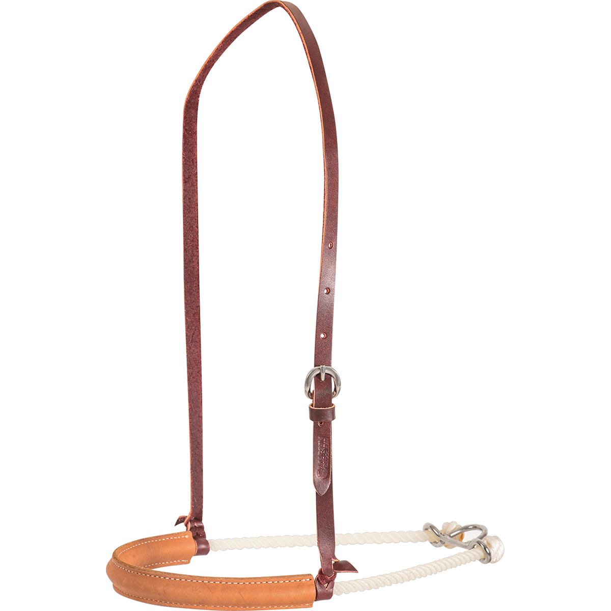 Single rope noseband with a tan chap leather cover from Martin Saddlery, seen from the front quarter. The stitched natural leather cover wraps the front of the white rope, below a leather strap with a buckle.