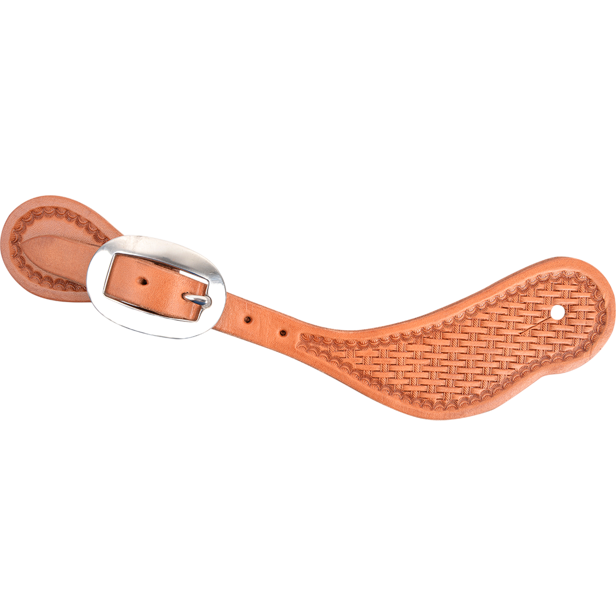 Natural cowboy spur strap with basket tooling, seen from above. Basket stamping covers the wide end inside a stamped border, and the strap fastens with a stainless steel buckle.