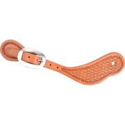 Natural cowboy spur strap with basket tooling, seen from above. Basket stamping covers the wide end inside a stamped border, and the strap fastens with a stainless steel buckle.