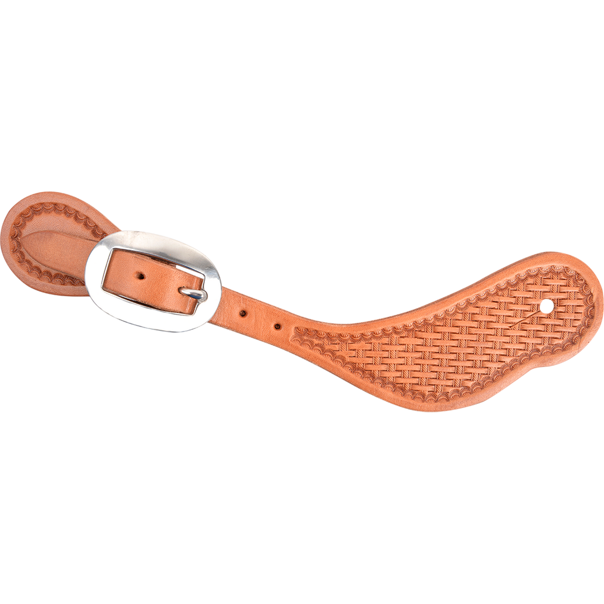 Natural cowboy spur strap with basket tooling, seen from above. Basket stamping covers the wide end inside a stamped border, and the strap fastens with a stainless steel buckle.
