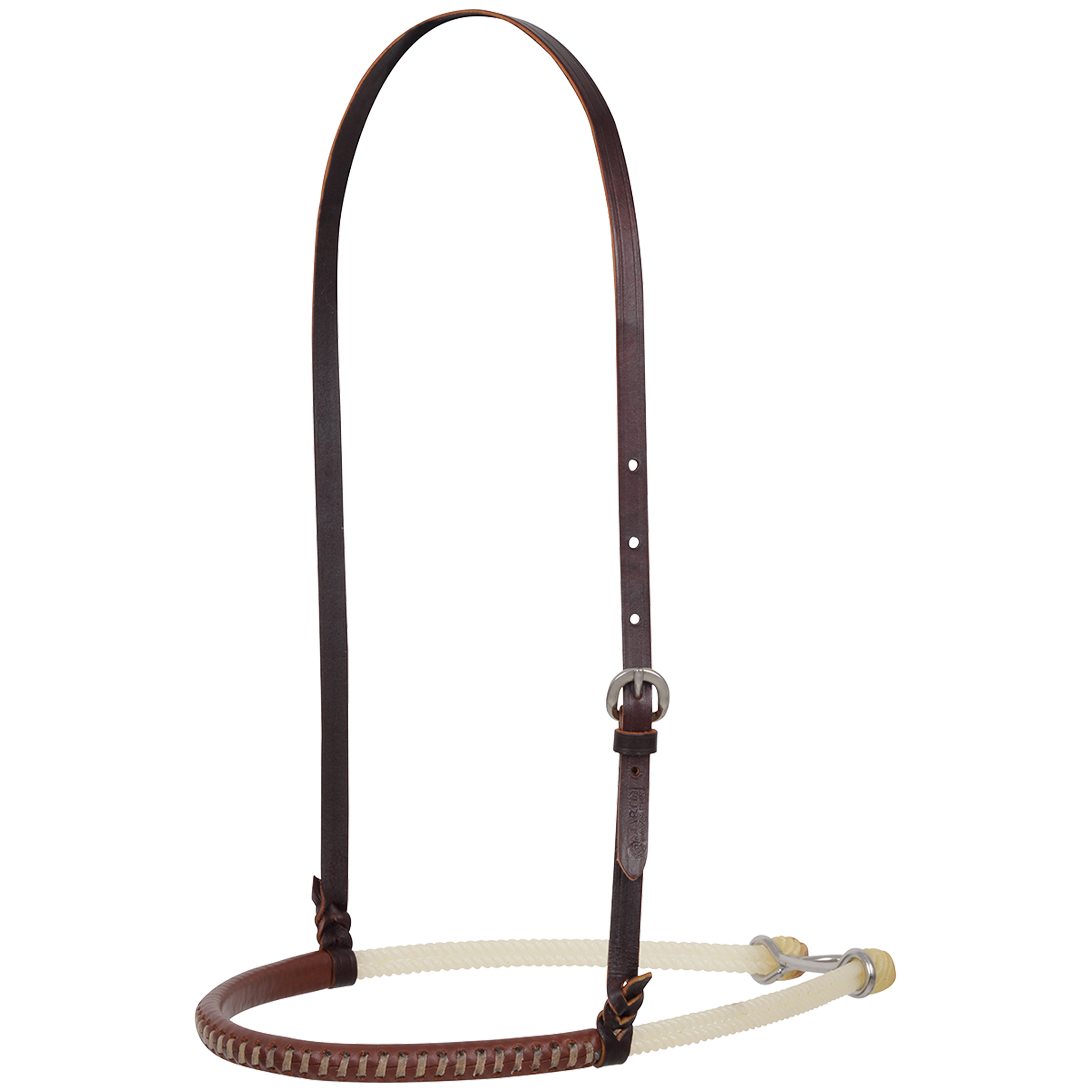 Double rope noseband with rawhide lace from Martin Saddlery, seen from the front quarter. Lacing runs along the harness leather cover on the nose piece, with white rope behind and a strap with a buckle.