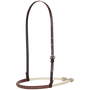 Double rope noseband with rawhide lace from Martin Saddlery, seen from the front quarter. Lacing runs along the harness leather cover on the nose piece, with white rope behind and a strap with a buckle.