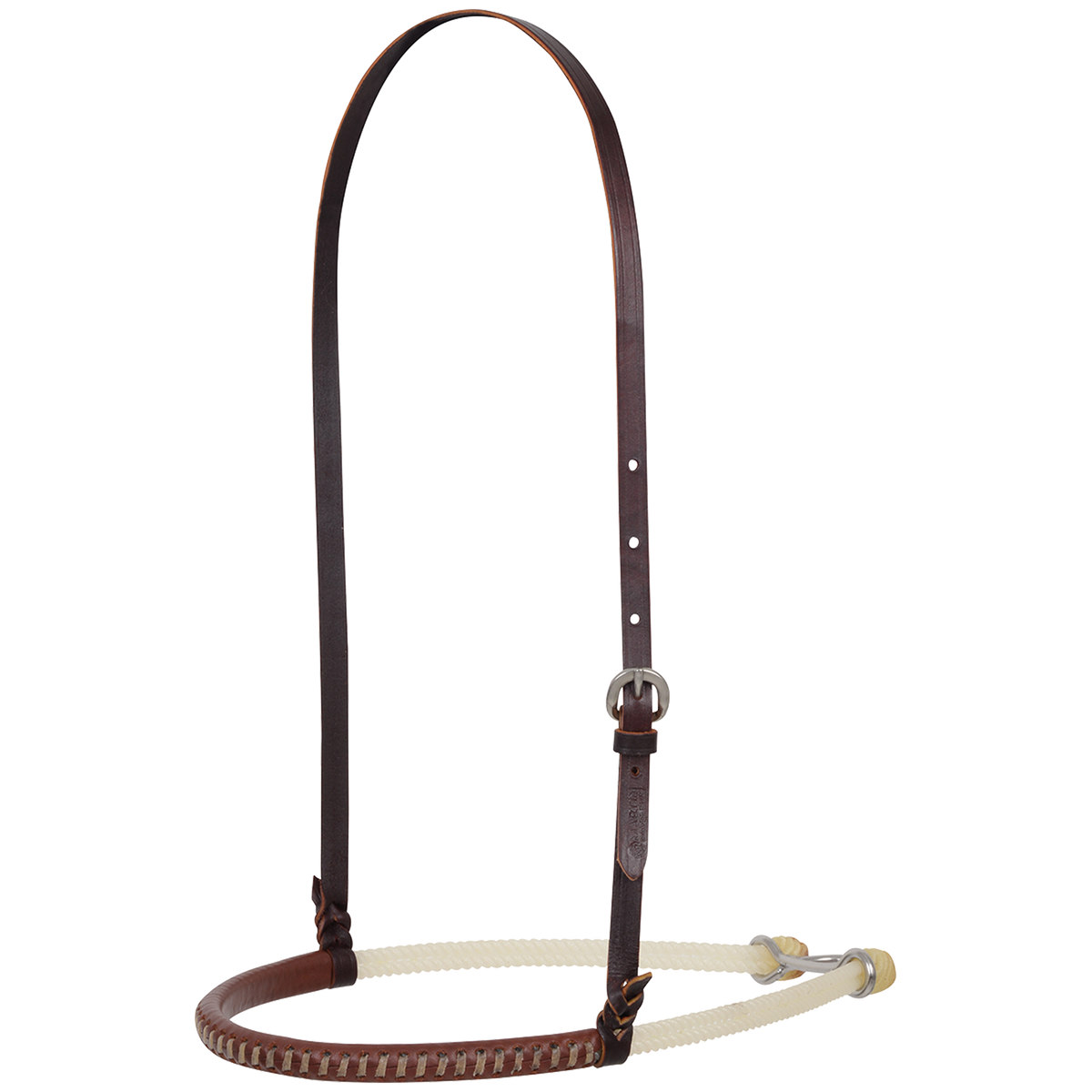 Double rope noseband with rawhide lace from Martin Saddlery, seen from the front quarter. Lacing runs along the harness leather cover on the nose piece, with white rope behind and a strap with a buckle.