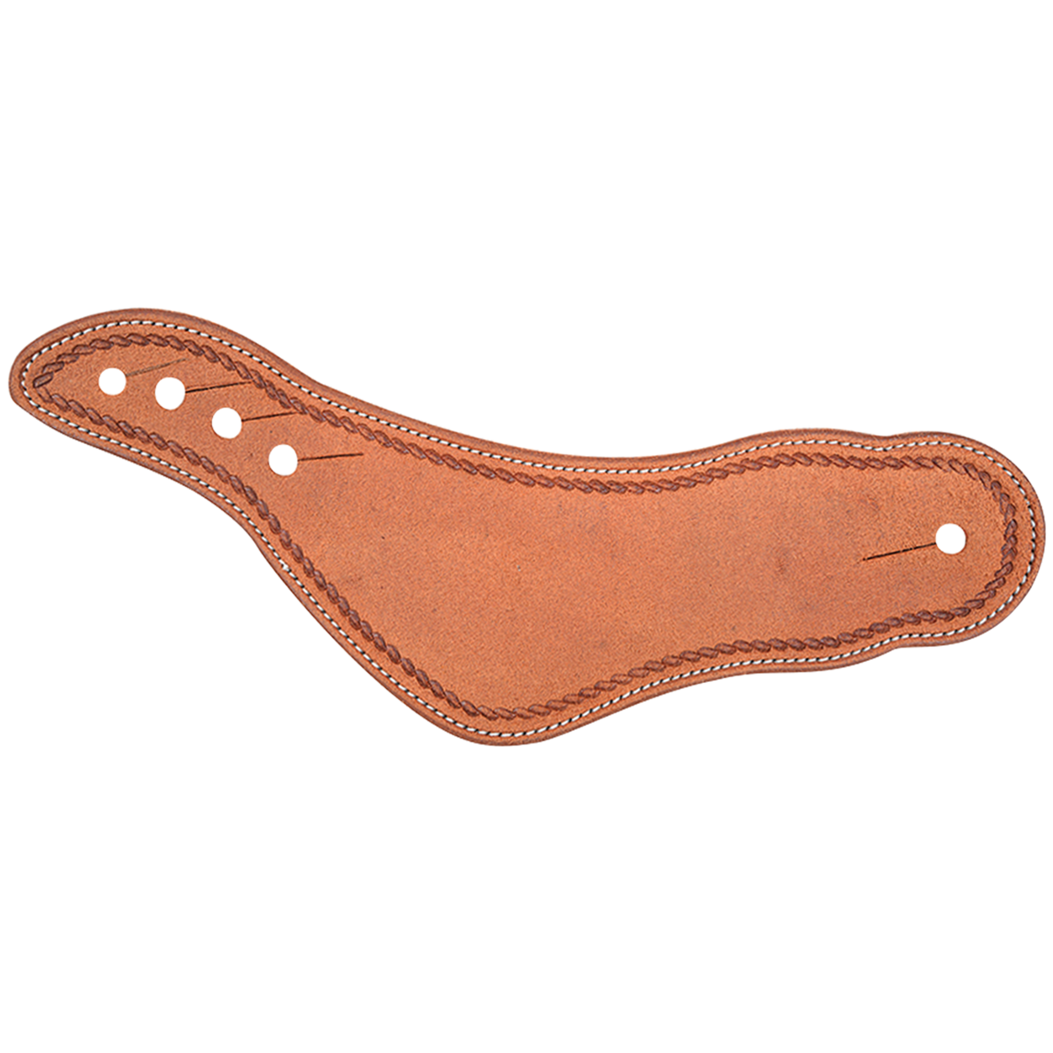 Natural dovewing spur strap with rope border tooling, seen from above. A stamped rope border follows the stitched edge of the plain leather wing, with slotted holes for adjustment.
