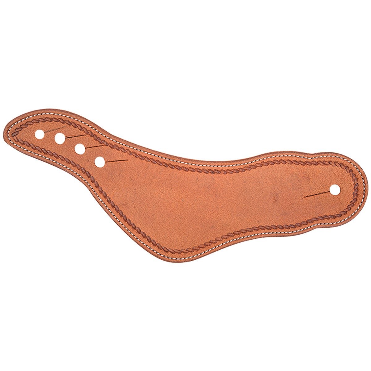 Natural dovewing spur strap with rope border tooling, seen from above. A stamped rope border follows the stitched edge of the plain leather wing, with slotted holes for adjustment.