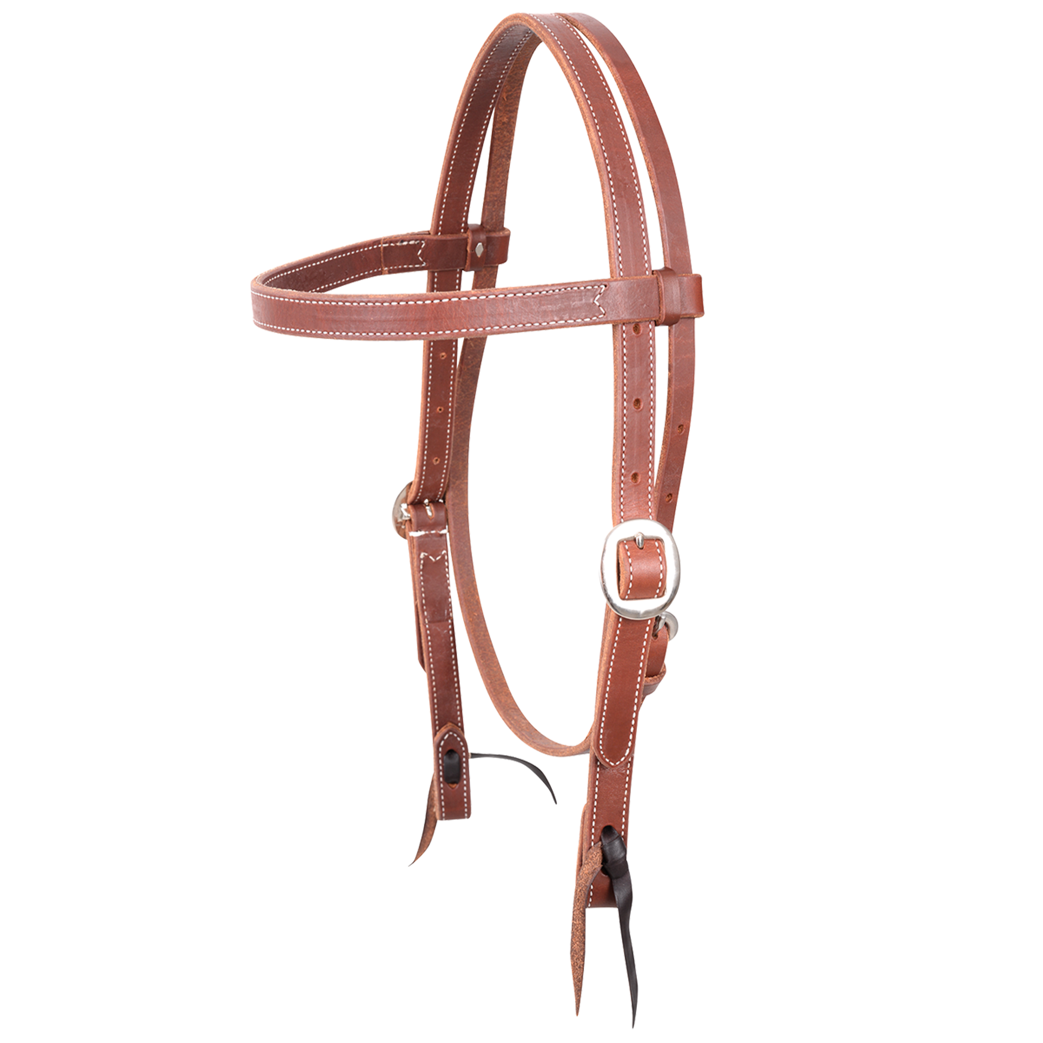 Natural harness gag browband headstall, seen from the front quarter. The 3/4-inch leather is doubled and stitched and finished with cart buckles and bit ties.