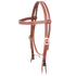 Natural harness gag browband headstall, seen from the front quarter. The 3/4-inch leather is doubled and stitched and finished with cart buckles and bit ties.