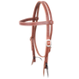 Natural harness gag browband headstall, seen from the front quarter. The 3/4-inch leather is doubled and stitched and finished with cart buckles and bit ties.