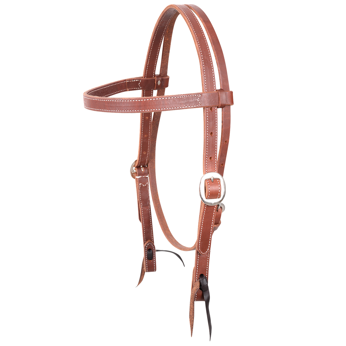 Natural harness gag browband headstall, seen from the front quarter. The 3/4-inch leather is doubled and stitched and finished with cart buckles and bit ties.