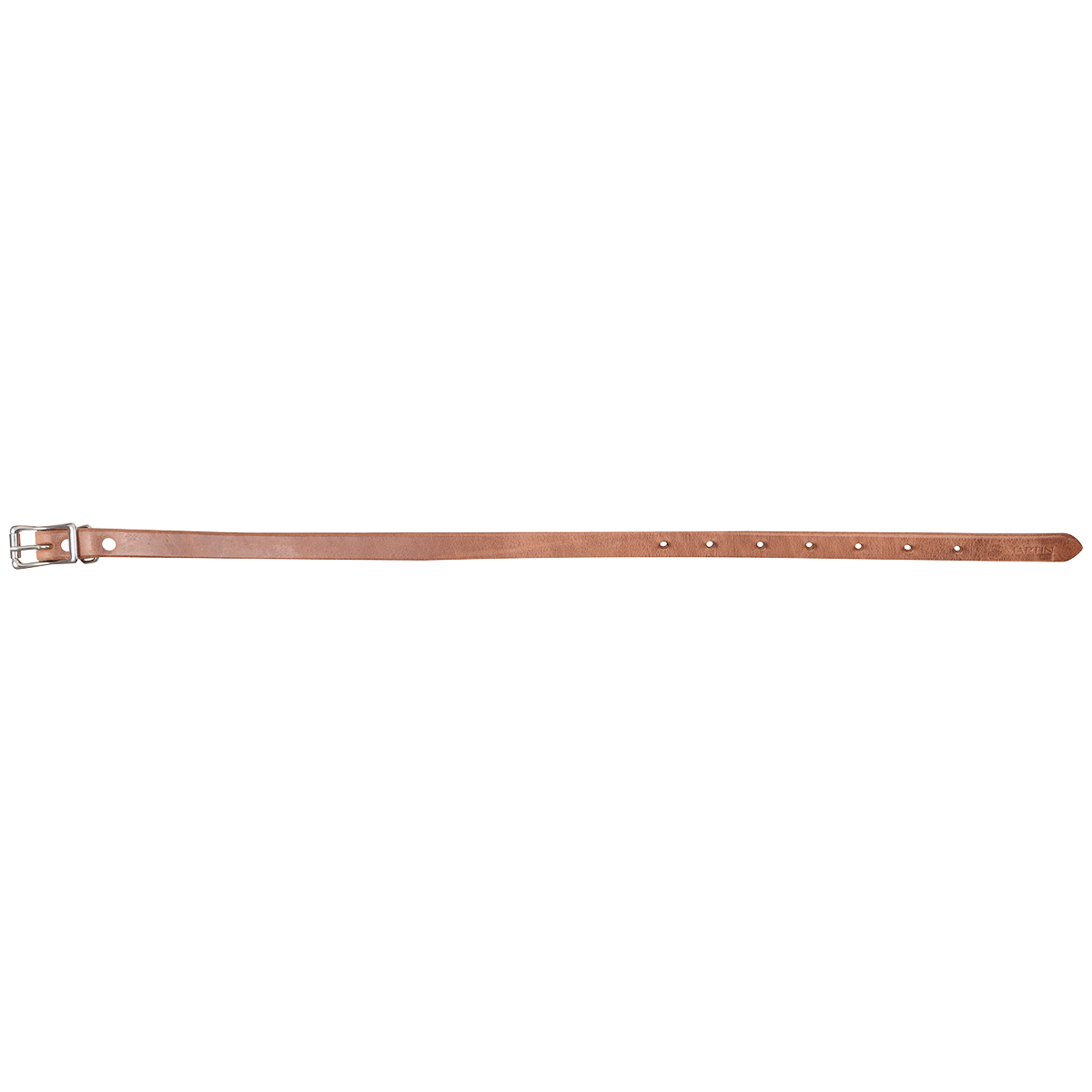 Natural harness leather breastcollar tug, laid out straight and seen from above. The 3/4-inch strap carries a buckle at one end and adjustment holes near the tip.
