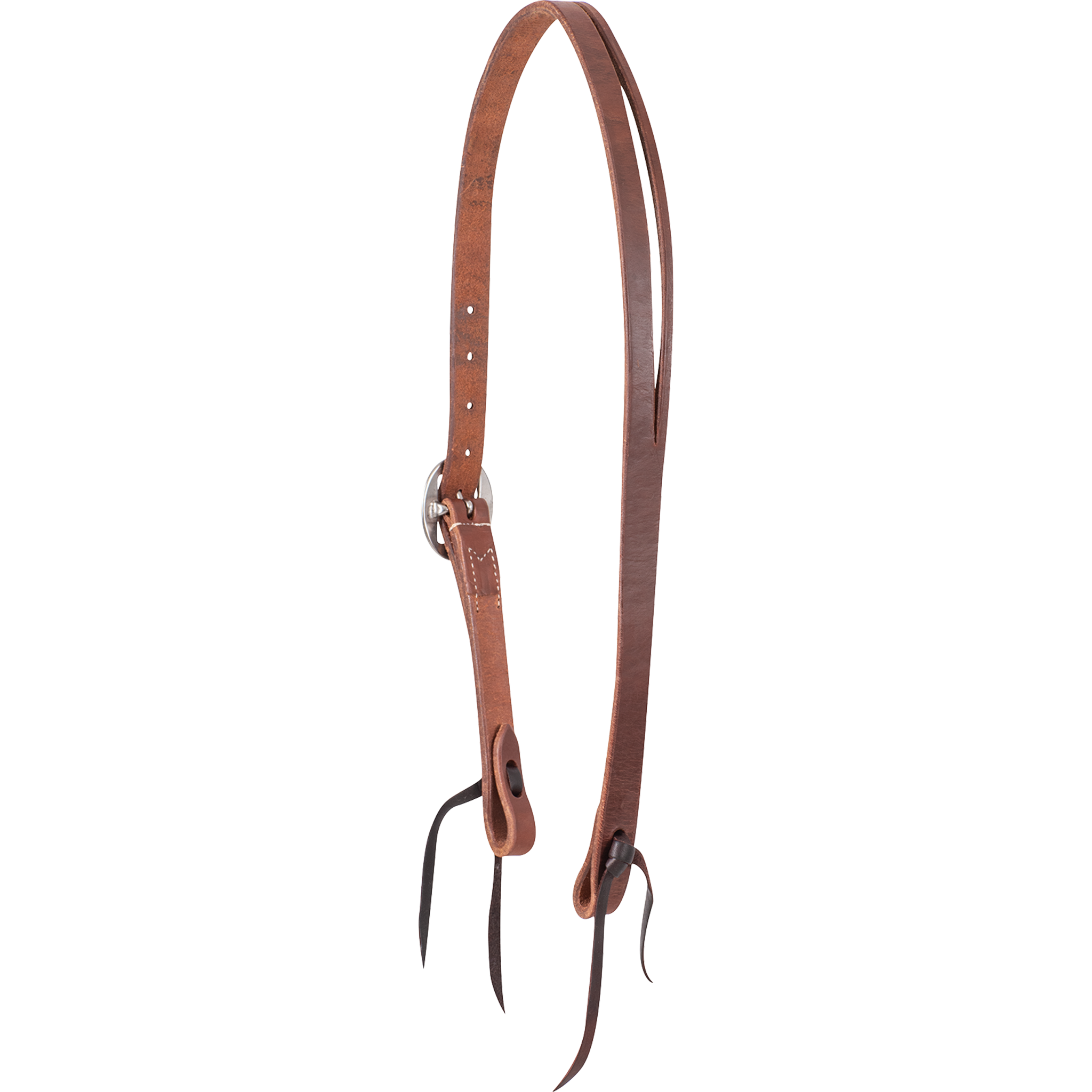 Natural harness leather Ranahan headstall from Martin Saddlery, seen from the off side. The 3/4-inch split ear strap adjusts with a cart buckle and ends in dark bit ties.