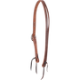 Natural harness leather Ranahan headstall from Martin Saddlery, seen from the off side. The 3/4-inch split ear strap adjusts with a cart buckle and ends in dark bit ties.