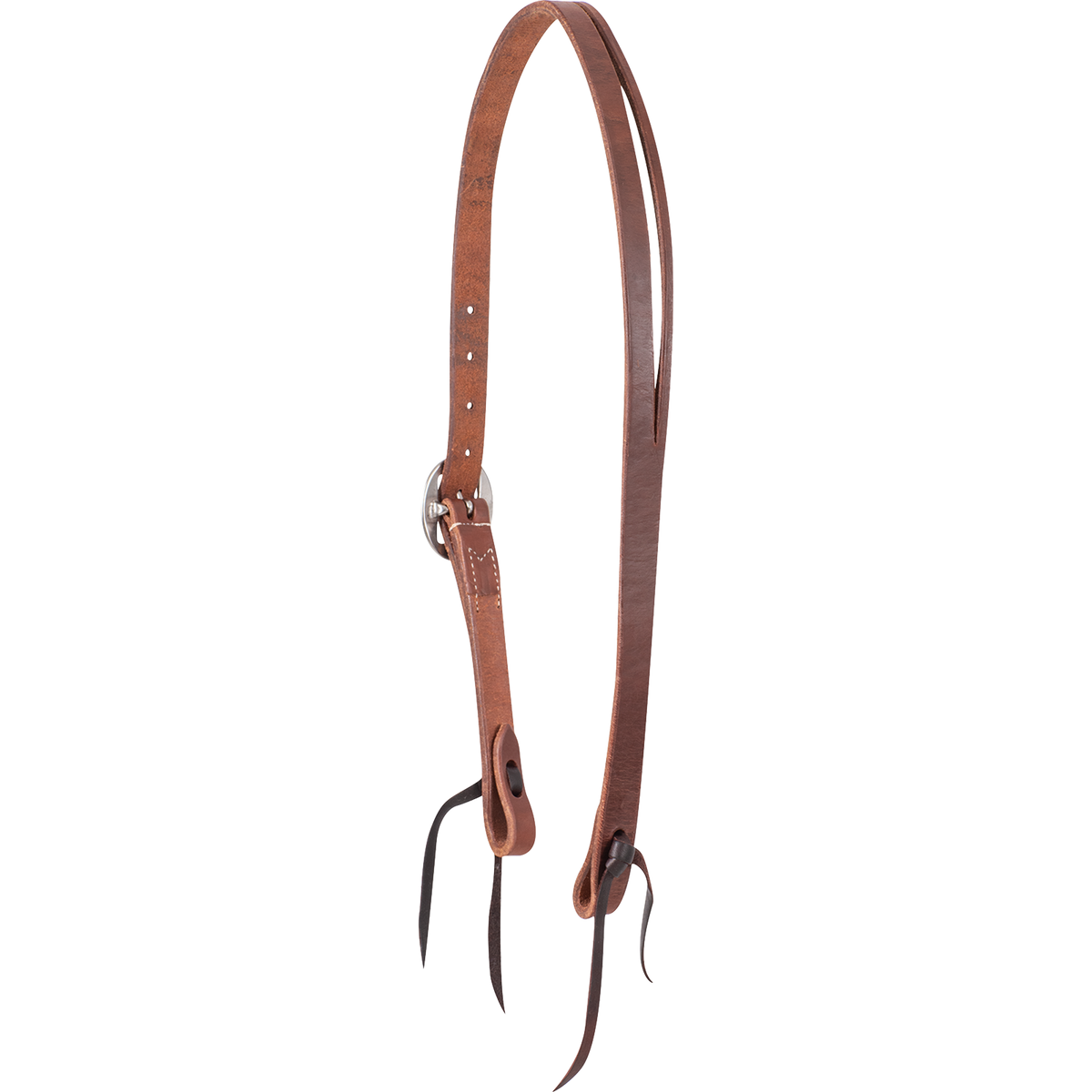 Natural harness leather Ranahan headstall from Martin Saddlery, seen from the off side. The 3/4-inch split ear strap adjusts with a cart buckle and ends in dark bit ties.