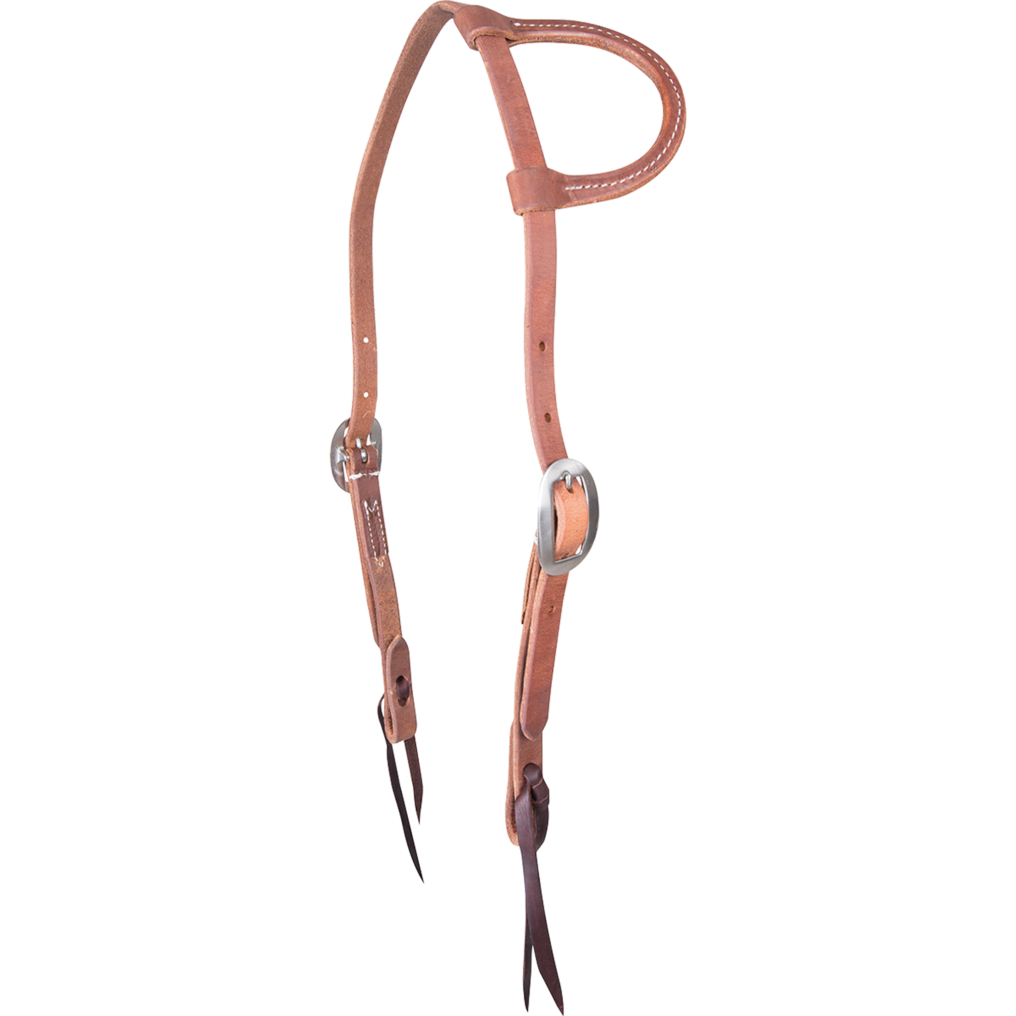 Natural harness leather slip ear headstall, seen from the front quarter. The stitched Hermann Oak harness leather has cart buckles at the cheeks and dark bit ties.