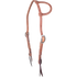 Natural harness leather slip ear headstall, seen from the front quarter. The stitched Hermann Oak harness leather has cart buckles at the cheeks and dark bit ties.