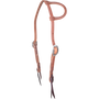 Natural harness leather slip ear headstall, seen from the front quarter. The stitched Hermann Oak harness leather has cart buckles at the cheeks and dark bit ties.