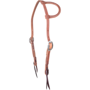 Natural harness leather slip ear headstall, seen from the front quarter. The stitched Hermann Oak harness leather has cart buckles at the cheeks and dark bit ties.