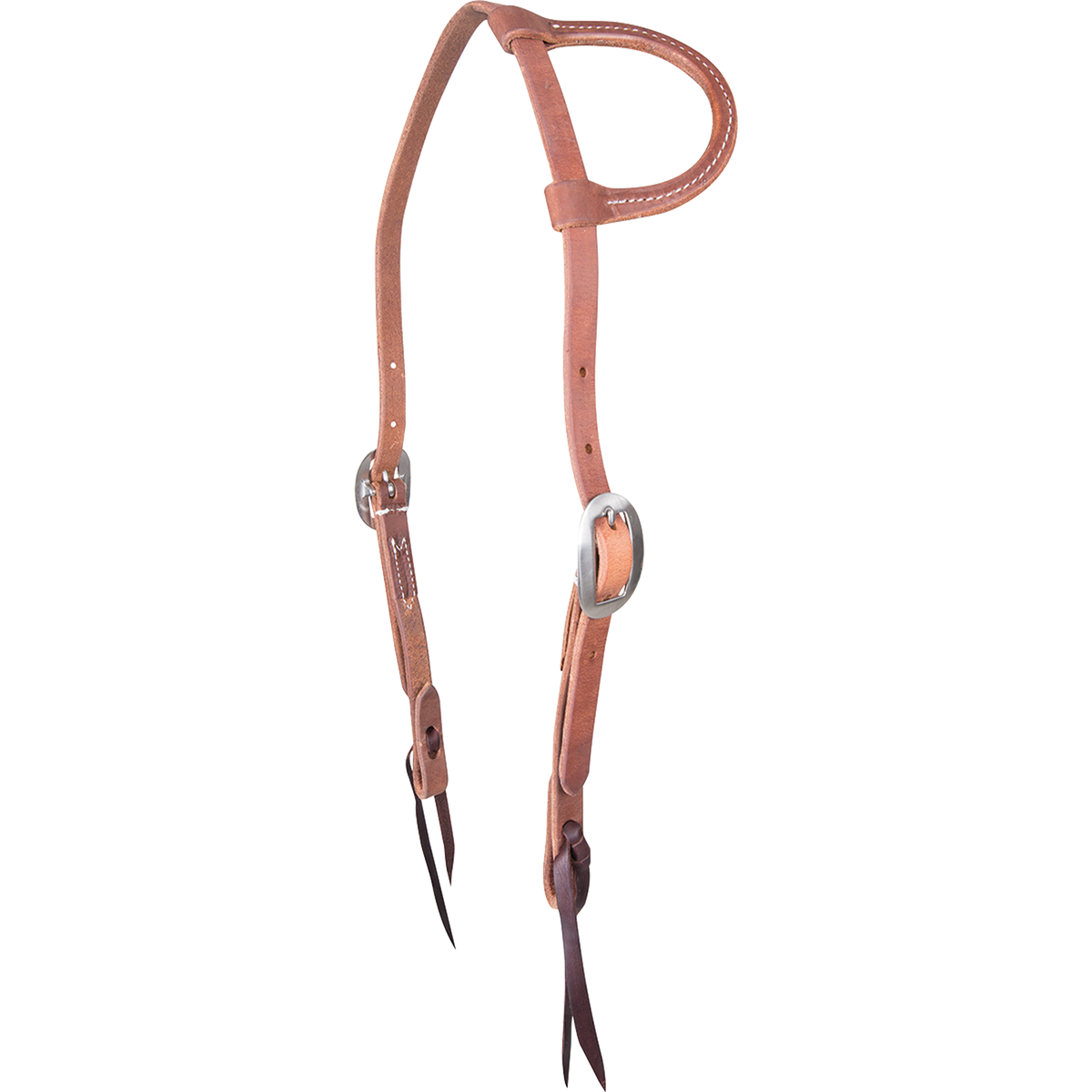 Natural harness leather slip ear headstall, seen from the front quarter. The stitched Hermann Oak harness leather has cart buckles at the cheeks and dark bit ties.