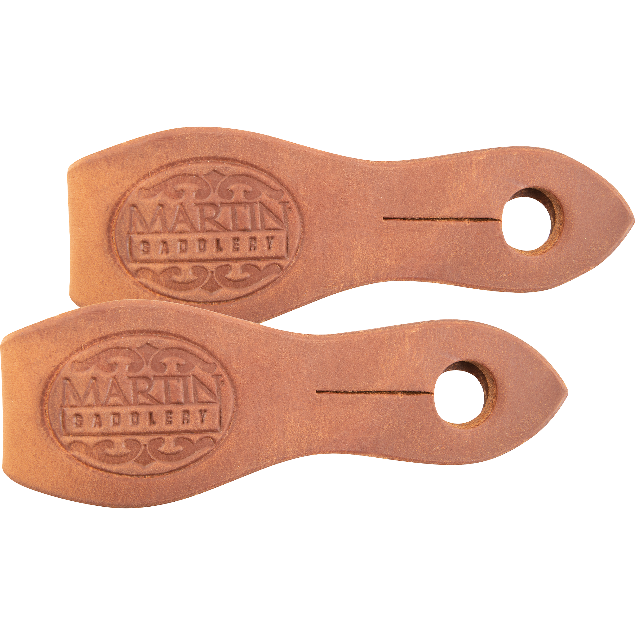 Natural harness leather slobber straps from Martin Saddlery, laid side by side and seen from above. The light leather straps are stamped with the Martin Saddlery mark and slotted at the pointed end.
