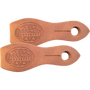 Natural harness leather slobber straps from Martin Saddlery, laid side by side and seen from above. The light leather straps are stamped with the Martin Saddlery mark and slotted at the pointed end.