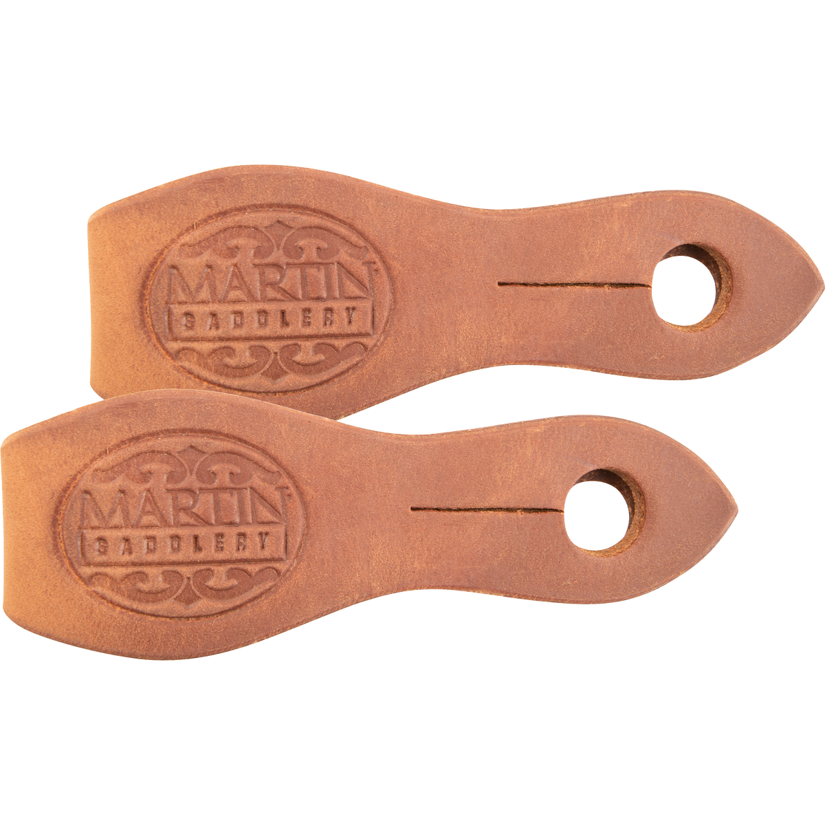 Natural harness leather slobber straps from Martin Saddlery, laid side by side and seen from above. The light leather straps are stamped with the Martin Saddlery mark and slotted at the pointed end.