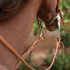 Natural harness split reins tied to a shank bit on a sorrel horse, seen up close from the side. The water loops and leather ties hang below the bit against a blurred garden.