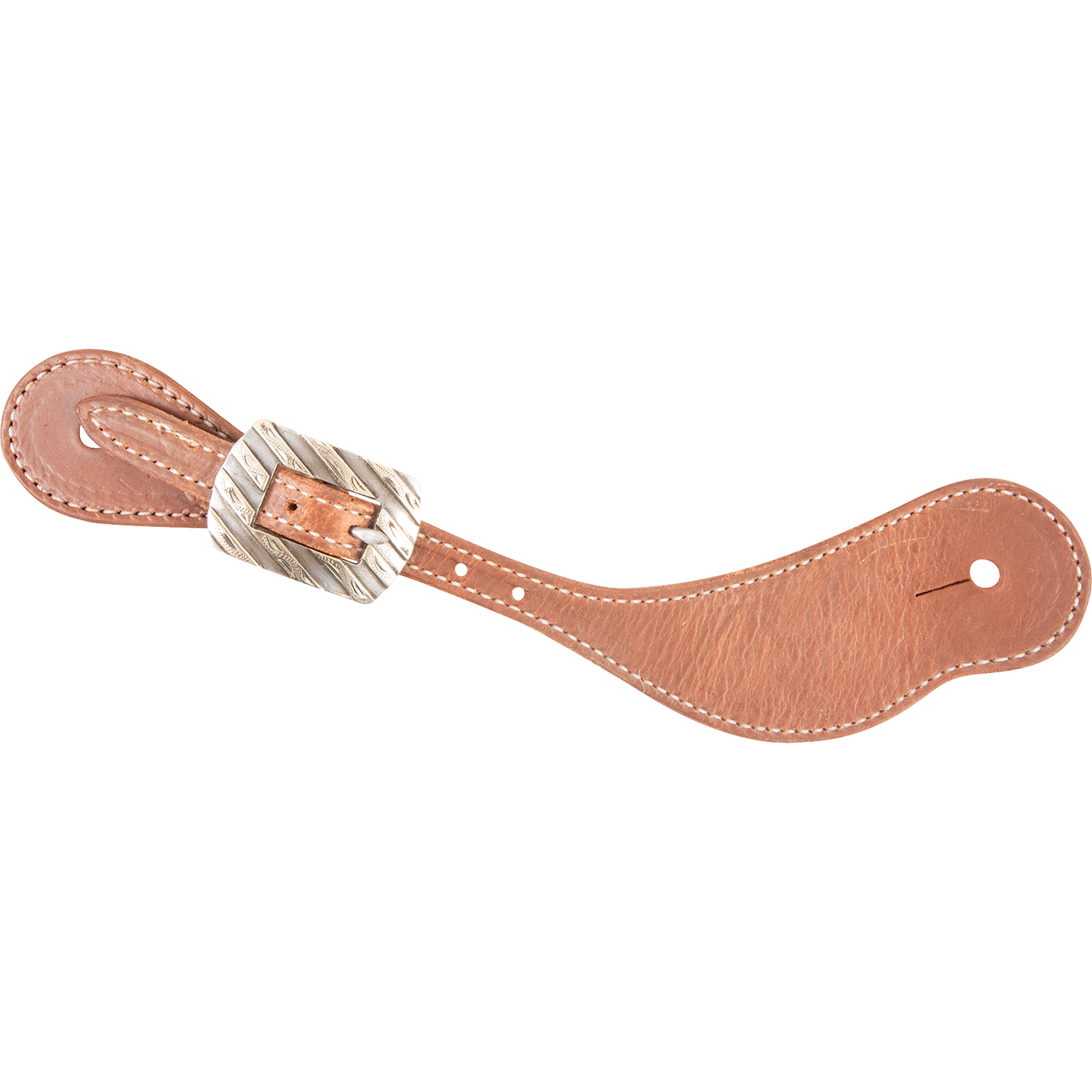 Natural harness leather cowboy spur strap with a Bandera buckle, seen from above. White stitching edges the strap, and the rectangular buckle has a ridged texture.
