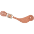 Natural harness leather cowboy spur strap with a Bandera buckle, seen from above. White stitching edges the strap, and the rectangular buckle has a ridged texture.
