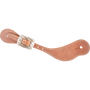Natural harness leather cowboy spur strap with a Bandera buckle, seen from above. White stitching edges the strap, and the rectangular buckle has a ridged texture.