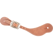 Natural harness leather cowboy spur strap with a Bandera buckle, seen from above. White stitching edges the strap, and the rectangular buckle has a ridged texture.