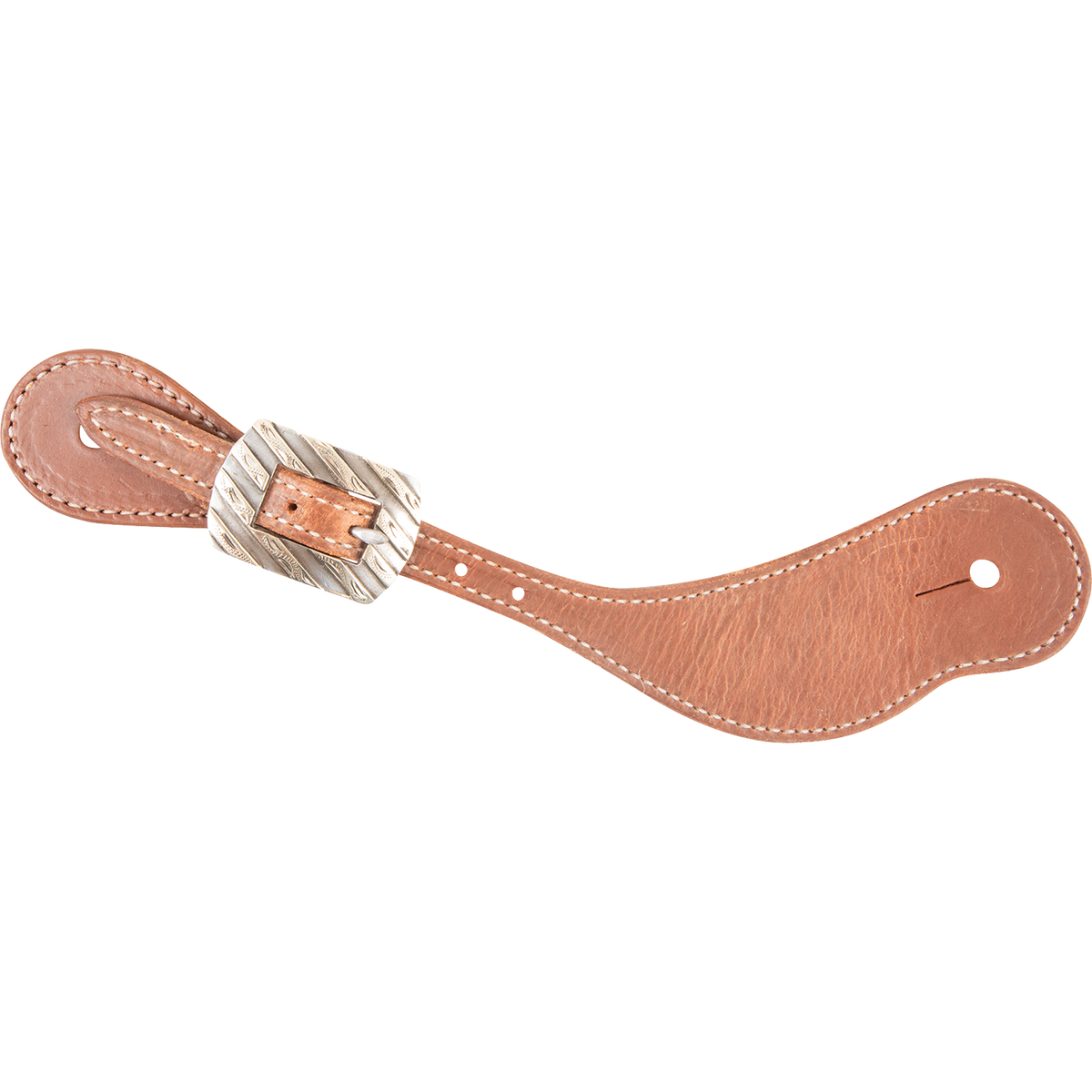 Natural harness leather cowboy spur strap with a Bandera buckle, seen from above. White stitching edges the strap, and the rectangular buckle has a ridged texture.