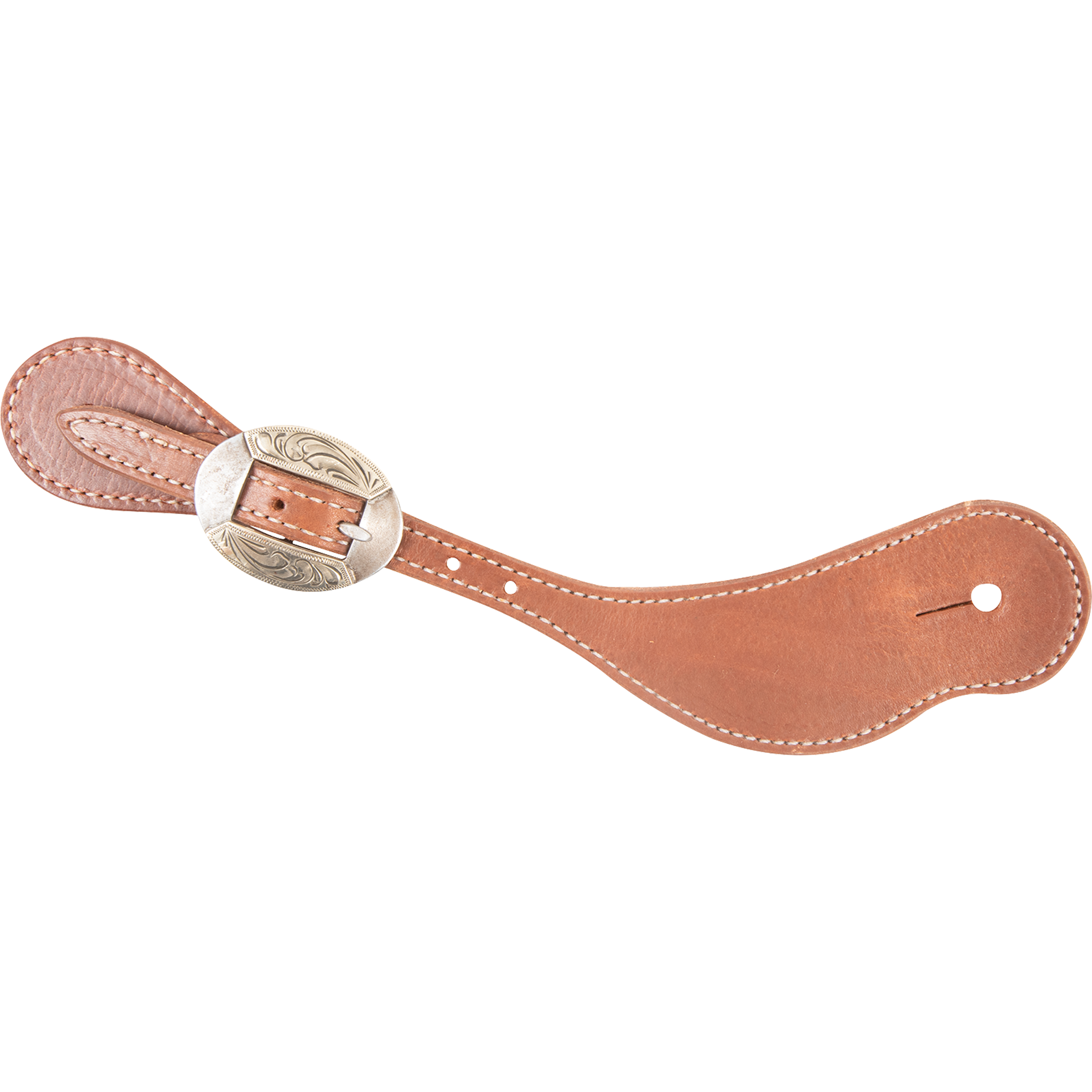 Natural harness leather cowboy spur strap with a Canyon buckle, seen from above. The oval engraved buckle sits on the stitched strap near the narrow end.