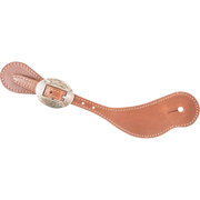Natural harness leather cowboy spur strap with a Canyon buckle, seen from above. The oval engraved buckle sits on the stitched strap near the narrow end.