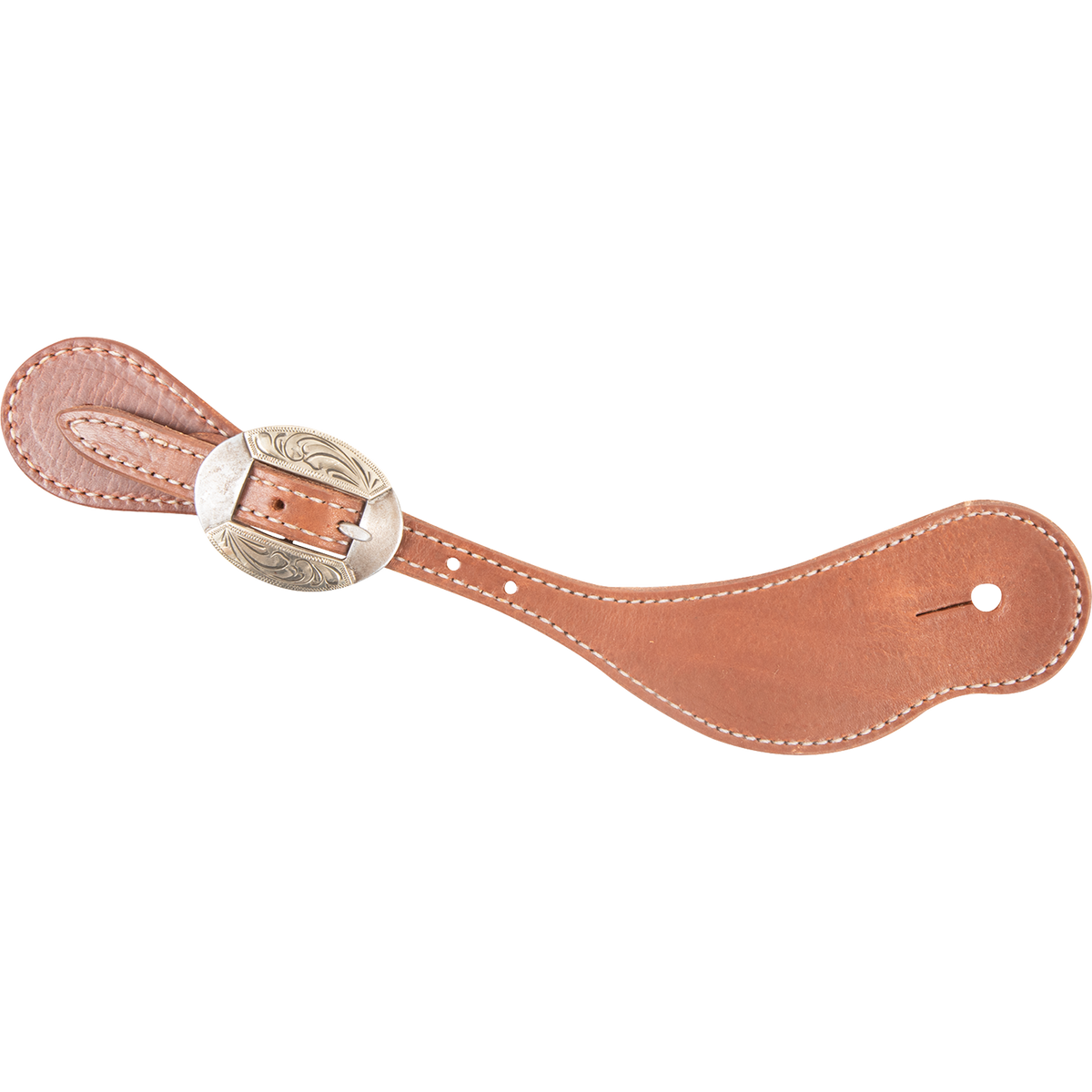 Natural harness leather cowboy spur strap with a Canyon buckle, seen from above. The oval engraved buckle sits on the stitched strap near the narrow end.