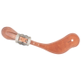Natural harness leather cowboy spur strap with a Prescott buckle, seen from above. White stitching outlines the strap, and the scalloped engraved buckle sits near the narrow end.