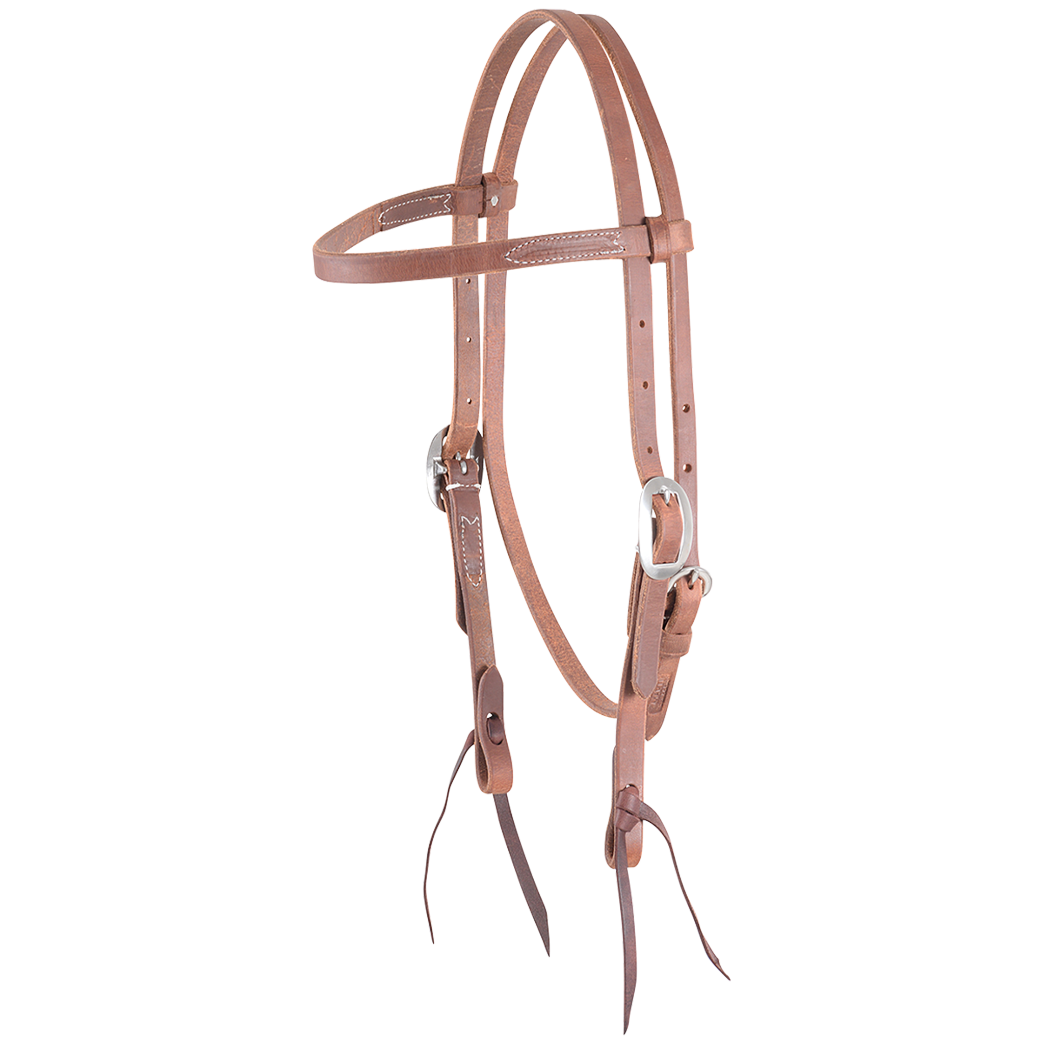 Natural harness leather browband headstall from Martin Saddlery, seen from the front quarter. The stitched 5/8-inch straps have cart buckles at the cheeks and bit ties at the ends.