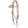 Natural harness leather browband headstall from Martin Saddlery, seen from the front quarter. The stitched 5/8-inch straps have cart buckles at the cheeks and bit ties at the ends.