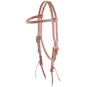 Natural harness leather browband headstall from Martin Saddlery, seen from the front quarter. The stitched 5/8-inch straps have cart buckles at the cheeks and bit ties at the ends.