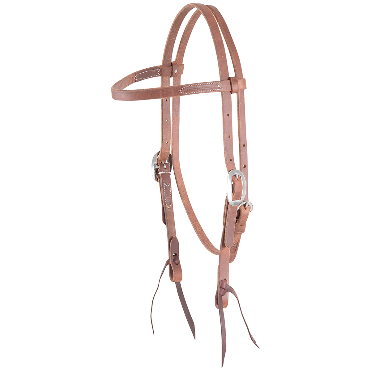 Natural harness leather browband headstall from Martin Saddlery, seen from the front quarter. The stitched 5/8-inch straps have cart buckles at the cheeks and bit ties at the ends.