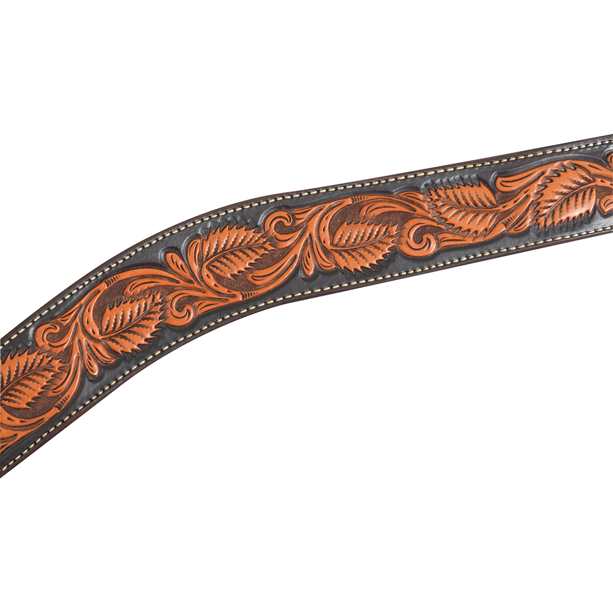 Natural leather breast collar strap with deep floral tooling of leaves and scrolls against a dark dyed background. Dyed edges and white stitching frame the tooling on this Martin Saddlery western breast collar.