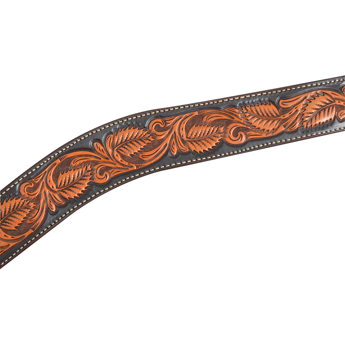 Natural leather breast collar strap with deep floral tooling of leaves and scrolls against a dark dyed background. Dyed edges and white stitching frame the tooling on this Martin Saddlery western breast collar.