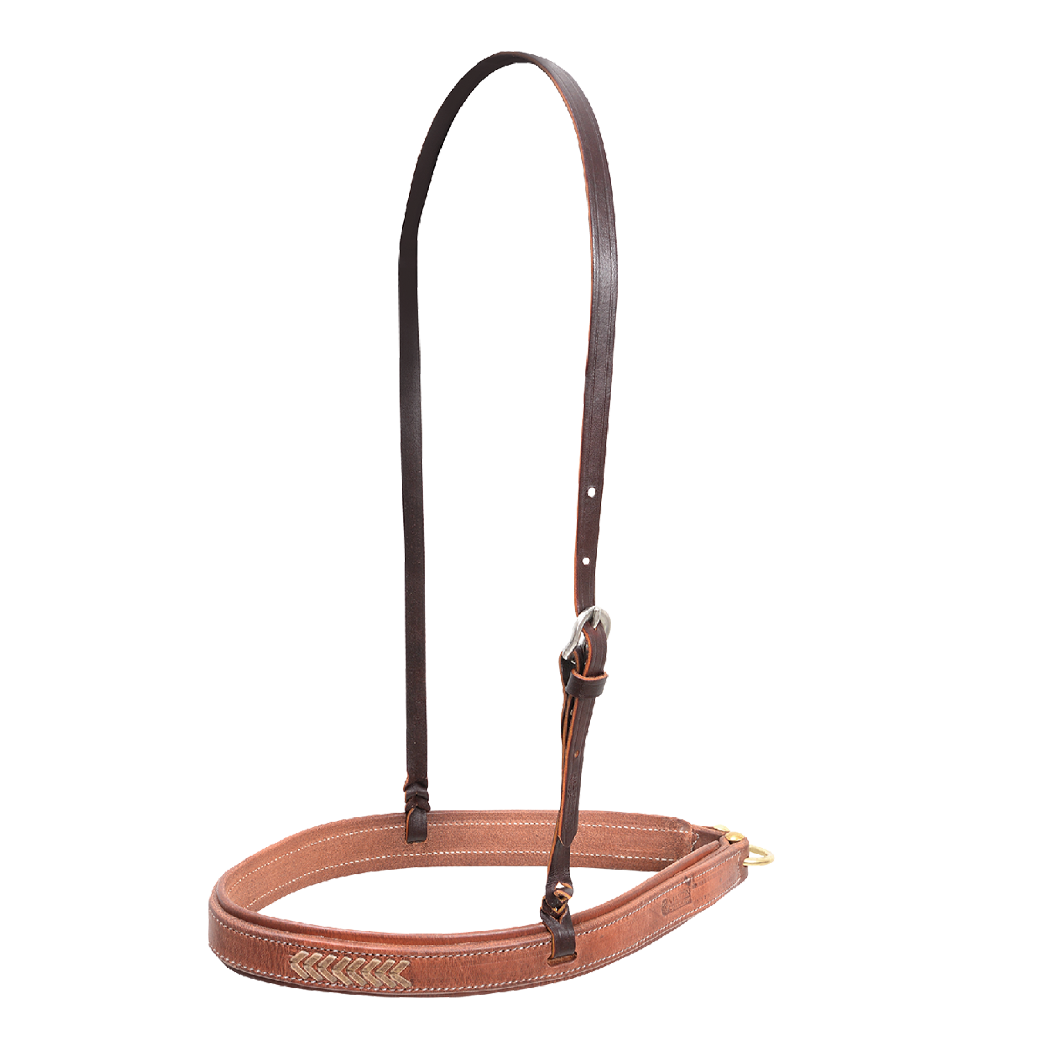 Natural laced harness noseband, seen from the front quarter. Rawhide lacing accents the front of the stitched leather noseband, which hangs from a dark adjustable strap with a buckle.